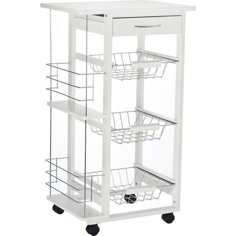 Chariot de service desserte de cuisine à roulettes multi-rangements 3 paniers métal tiroir + 2 range-bouteilles bois pin blanc