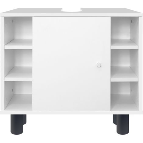 ML-Design Meuble sous Lavabo, Blanc, 60 x 54 x 32 cm, avec 1 Porte et 6 Étagères, Panneau MDF Finition Mélaminée, Armoire Bas sur Pied pour Salle de Bain, Placard de Rangement sous Évier Vasque