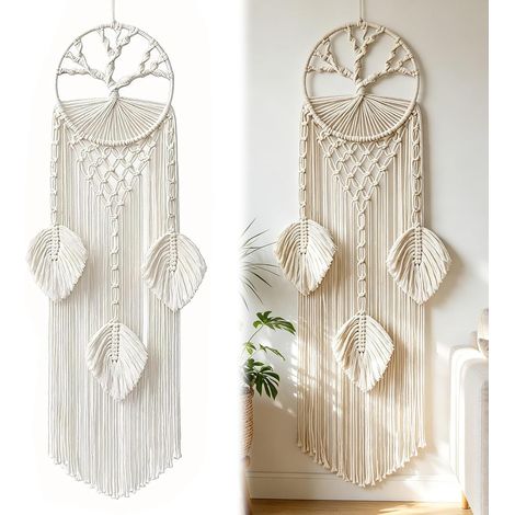 Attrape-rêves en macramé - Tenture murale tissée - Fabriquée à la main - Décoration murale bohème - Arbre de vie - Avec pompons - Artisanat pour chambre à coucher et salon (1/5)