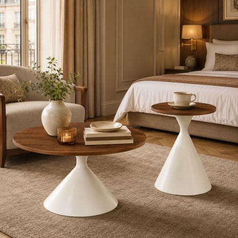 Lot 2 Tables Basses Gigognes Rondes Ø70 & Ø50 cm - Noyer & Acier Crème - Hauteur 40 & 50 cm - Design Scandinave - Table d'Appoint pour Salon, Chambre & Entrée (1/5)