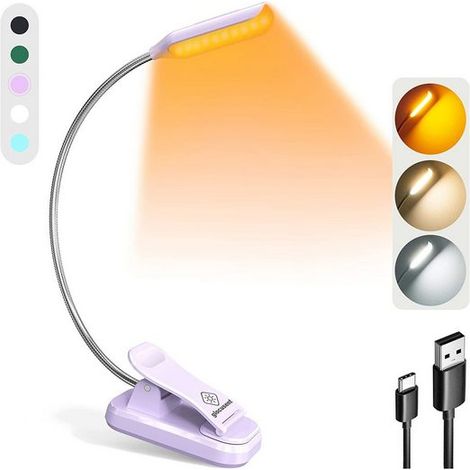 Lampe de Lecture, Lampe à pince, Lampe Chevet, Mini lampe de lecture livre, 3 couleurs et 3 niveaux de luminosité, Lumière de livre légère, Violet, KINSI (1/5)