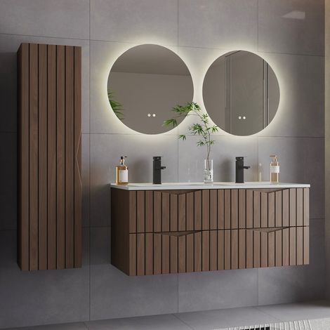 Doppelwaschtisch und Hängesäule 120cm Siena mit 4 Schubladen, Holzoptik und Schwarz (1/5)
