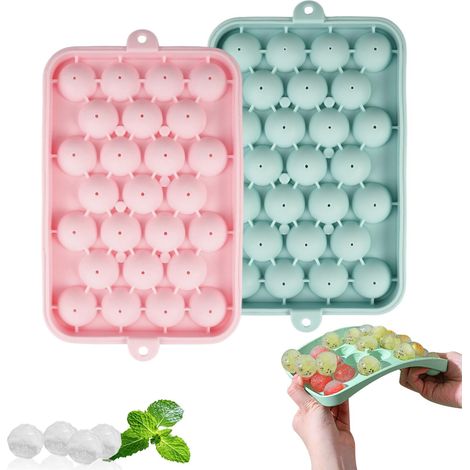Ensemble de deux bacs à glaçons en silicone, 25 mini bacs à glaçons ronds, empilables et réutilisables (rose et bleu).