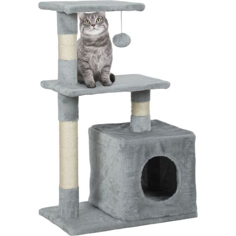 Arbre à chat tour de jeux pour chats poteaux en sisal, 2 plate-forme, niche, balle, tissu peluche, 50x30x81,5cm, gris (1/5)
