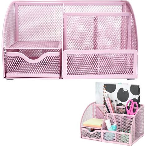Schreibtisch-Organizer – Stiftehalter und Aufbewahrungsbox – 6 Fächer und 1 Schublade – Schreibtisch-Organizer aus Metallgitter mit rutschfester EVA-Matte – Rosa – 22 x 14 x 13 cm