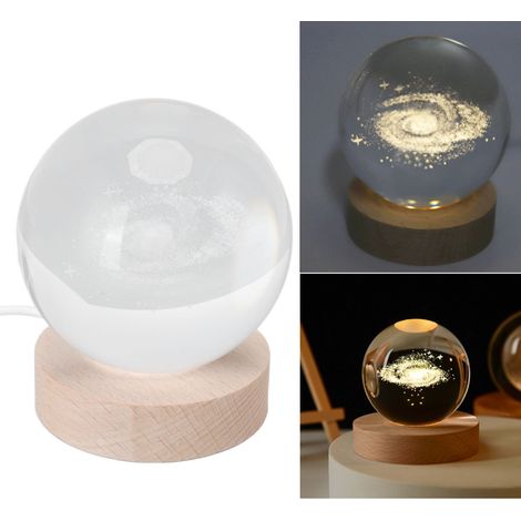 Veilleuse boule de cristal Voie lactée illuminée en 3D avec sculptures intérieures, décoration de bureau en bois, boule de cristal de 8 cm + base de 7 cm, lumière chaude Voie lactée (1/5)
