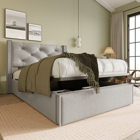 Lit hydraulique individuel canapé 90x200cm, Lit avec sommier en métal, Structure de lit moderne avec espace de rangement, Coton, Gris clair (Avec matelas) (1/5)