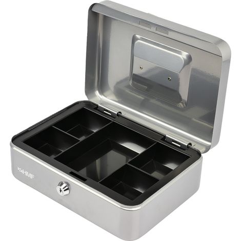 HMF Geldkassette abschließbar, Kasse mit Münzeinsatz, 5 Münzfächer, 25 x 18 x 9 cm, Silber (1/5)