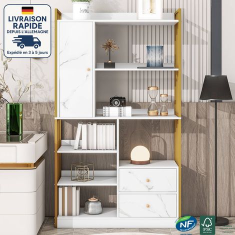 Librería industrial de suelo a techo con 6 estantes, puertas y cajones integrados - estructura de acero, estilo vintage, estampado de mármol blanco + dorado (1/5)
