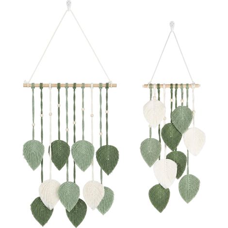 Lot de 2 tentures murales en macramé - Décoration murale bohème - Fait à la main - Avec perles en bois et feuilles vertes - Pour salon, chambre à coucher, mariage, cadeau (1/5)