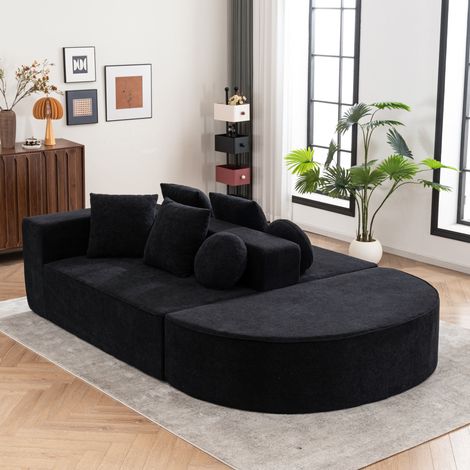 Canapé d’angle compressé 5 places avec fonction lit, canapé modulable pour salon, moderne avec 6 coussins, tissu chenille noir (1/5)