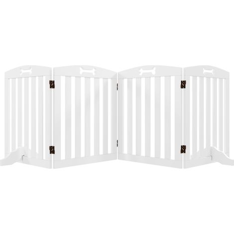 Absperrgitter Hund 4-teilig, 207,5 x 61 cm Faltbar Türschutzgitter mit 2 Stützfüßen, Freistehend Hundegitter, Treppengitter für mittelgroße Hunde, für Flur, Treppe, Weiß
