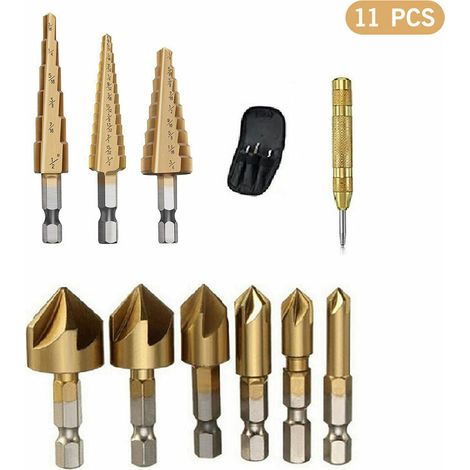 Drill Accessory 11 Piece High Speed Steel Step Drill Bit Set Step Drill Bit Set with Automatic Spring Loaded Center Punch Countersink Drill Bit Set Woodworking Storage Bag (1/5)