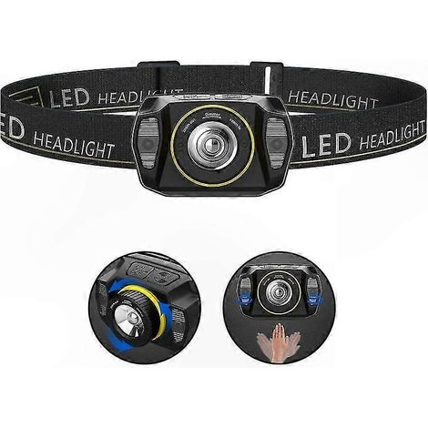 Lampe frontale LED rechargeable USB, détecteur de luminosité, torche étanche réglable pour camping, randonnée, vélo, pêche et activités extérieures. (1/5)