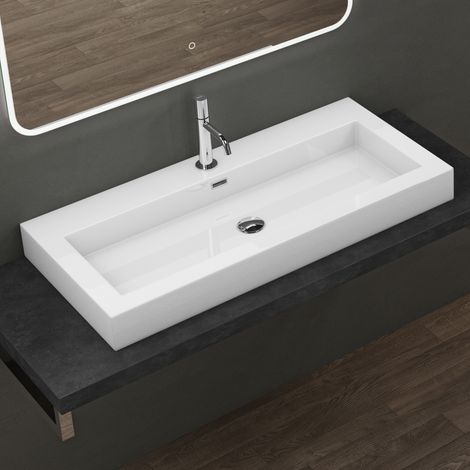 Doporro – Lavabo suspendu 100x48cm – Vasque rectangulaire blanche en fonte minérale solid surface – Installation murale ou sur plan de vasque - Colossum18 (1/5)