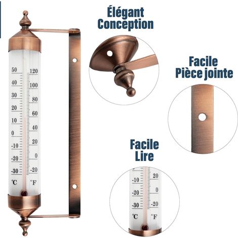 Termómetro exterior con manómetro, efecto bronce: elegante termómetro de jardín para exteriores, ideal para medir la temperatura exterior, en invernaderos y garajes. Fácil de colgar. (1/4)