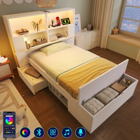 Lit bois 90x200 cm blanc avec rangement, LED et ports USB, Lit simple avec tiroirs, banquette, étagères et sommier, pour enfant/ado, sans matelas
