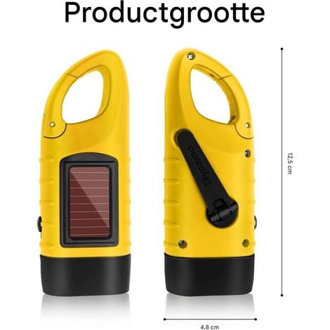 Lampe Torche Solaire à Manivelle Dynamo LED Étanche 13 cm - Panneau Solaire intégré, Haute Luminosité, Mousqueton (1/4)
