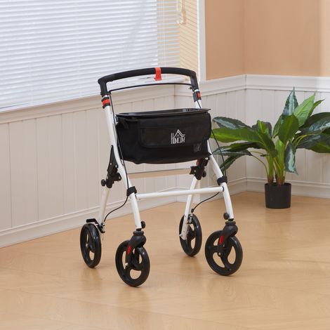 Déambulateur Pliable Personnes Âgées Roues Plateau Levier Hauteur Réglable Freins Blancs Aluminium