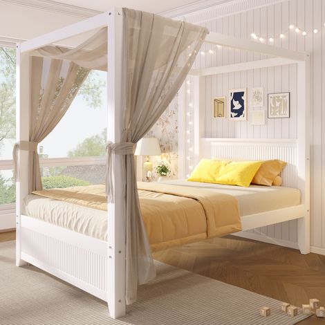 Lit à baldaquin enfant 90x200 cm en bois avec cadre de toit décoratif, tête et pied de lit à lattes verticales, lit simple pour chambre, blanc (1/5)