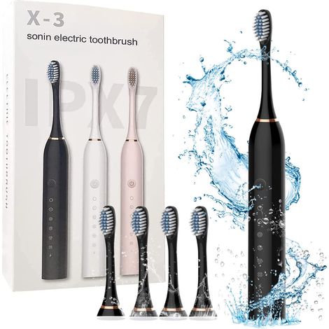 Brosse à dents électrique rechargeable, minuterie intelligente de 2 minutes, avec 4 têtes de brosse, 6 modes de nettoyage, étanchéité IPX7, pour adultes et enfants (noir) (1/5)