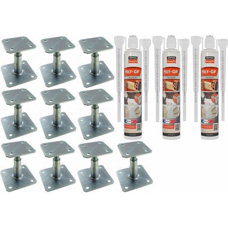 Simpson Strong Tie – Pack de 10 pieds de poteau réglable 100-150mm – Acier S235 – Fixation sur bois et béton – 3 scellements chimiques beige 300ml (1/3)