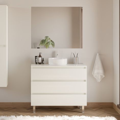 Meuble de salle de bain 100cm avec plateau et vasque à poser ronde - 3 tiroirs - blanc brillant - MAYOR