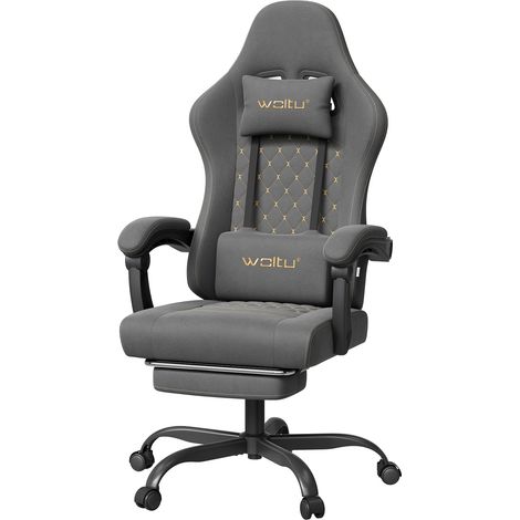 Woltu – Chaise gaming massante ergonomique avec appui-tête et repose-pieds – Tissu technique – Charge 150kg – Dossier inclinable 90°-145° – Gris+Jaune