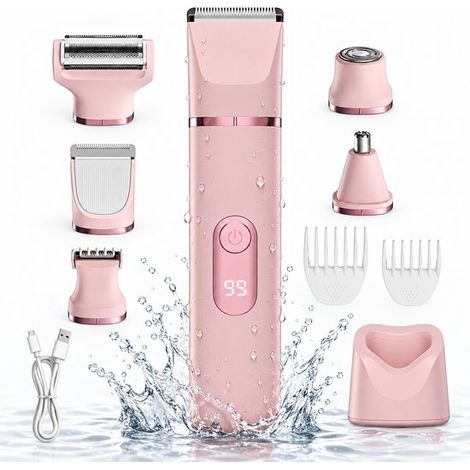 Ladyshave voor Vrouwen 5-in-1 - Scheerapparaat Dames - Bikinitrimmer, Gezichtstrimmer & Neustrimmer - 5 Opzetstukken - Nat & Droog - USB Oplaadbaar - Roze (1/4)