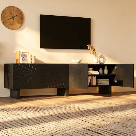 REDOM - Mueble TV - 180x40x55 cm - con 4 puertas texturizadas - tablero de partículas - negro