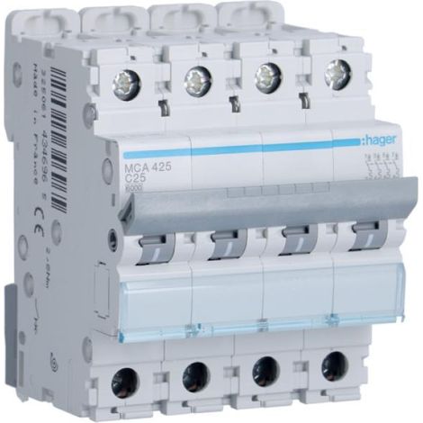 Hager interruttore automatico modulare di comando e protezione 1 polo+neutro 25a 6 ka c 2 moduli mca425