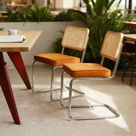 Chaise Repas 2 chaises velours rotin pieds chromés design moderne style milieu de siècle conception Breuer assise rembourrée (1/5)