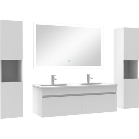 Ensemble meuble de salle de bain 120cm double vasque + colonne de rangement + miroir lumineux Blanc (1/5)