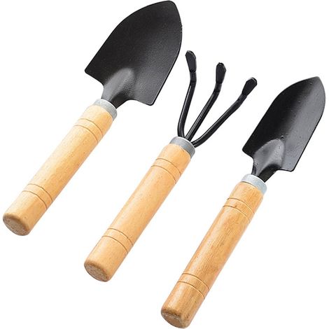 Set D'outils De Jardin - Pelle Râteau Bêche Miniatures - Manche En Bois - Pour Bonsaï Plantes En Pot - 3 Pièces (1/5)