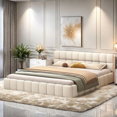 Doppelbett gepolstert - TANANT - 140x190 cm - Gepolsterte Kopfteil - Beige Leinenstoff - Modernes Design (1/5)