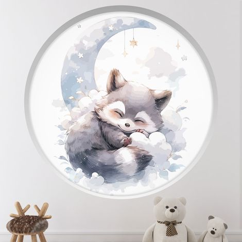 Stickers Trompe l'oeil Arche ronde Enfants - Raton laveur sur la lune - Diamètre 40 cm (1/4)