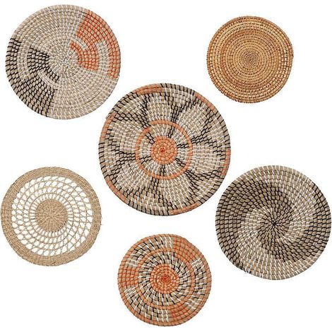 6-teiliges Set Wanddeko aus Rattan, hängende, gewebte Wandteller, runde Obstkörbe, Boho-Tabletts (1/5)