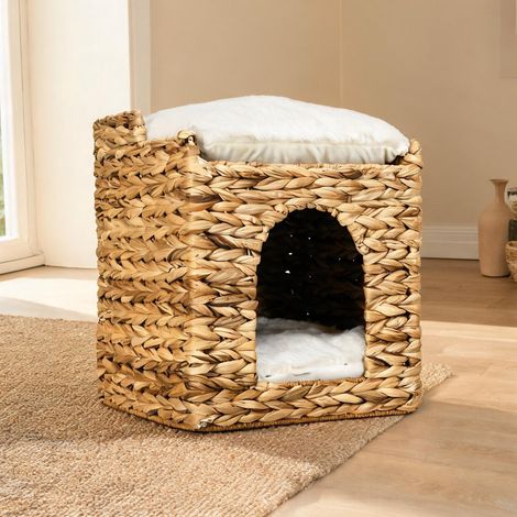 Panier pour chat en jacinthe d'eau avec coussins 2 niveaux marron (1/5)