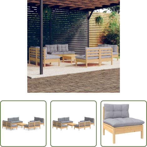 Gartenmöbel - 9-tlg. Garten-Lounge-Set mit Grauen Kissen Kiefernholz (1/5)