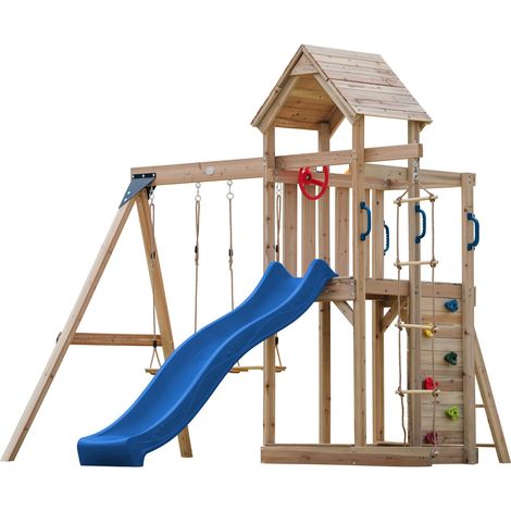 Axi Moos Aire De Jeux En Bois Avec 2 Balançoires, Echelle En Corde, Toboggan Bleu / Aire De Jeux Extérieur Avec Balançoires/ Bac À Sable/Mur D'Escalade  Portique Balançoire/Jeux En Bois Extérieur