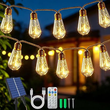 CNMTCCO Guirlande lumineuse solaire d'extérieur avec 16 ampoules, guirlande lumineuse solaire d'extérieur de 8 m, résistante aux intempéries, lumière blanche chaude (1/5)