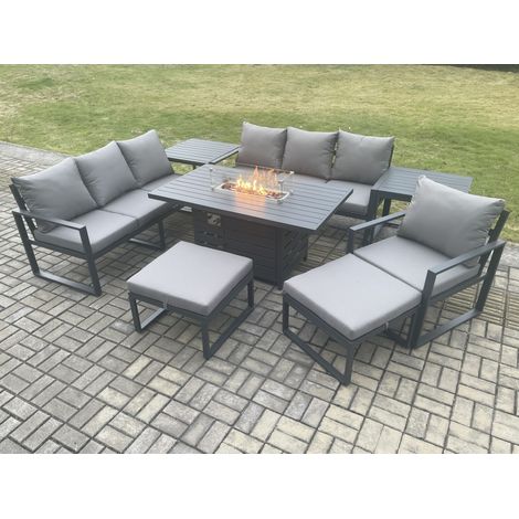 Fimous Aluminium 8 Pieces Garden Furniture Sofa Set with Cushions 9 Seater Gas Fire Pit Dining Table Set with 2 Side Tables 2 Big Footstools Dark Grey (1/5)