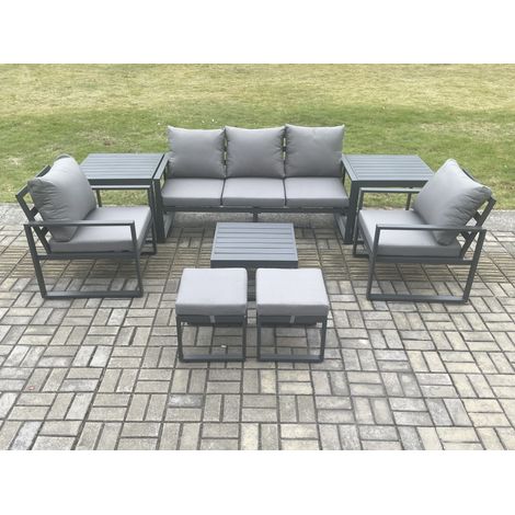 Fimous Aluminium 7 Seater Outdoor Lounge Sofa Set Garden Furniture Sets with Square Coffee Table 2 Chairs 2 Small Footstools 2 Side Tables Dark Grey (1/5)
