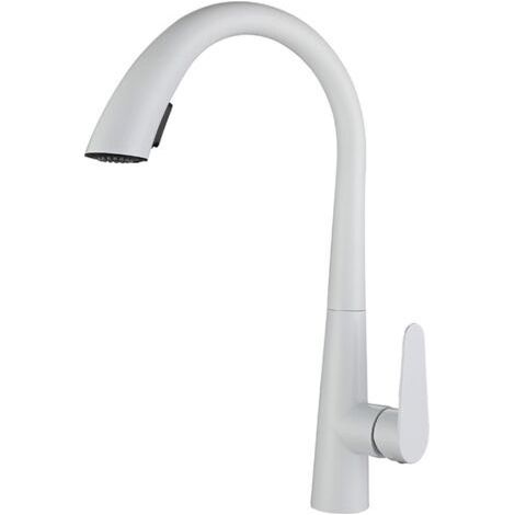 Robinet de cuisine blanc, douchette extractible, robinet de cuisine rotatif à 360 degrés, robinet de cuisine en acier inoxydable, 2 modes de jet (1/4)