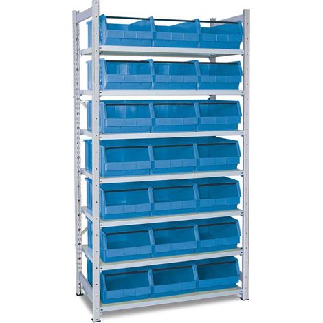 BRB Verzinktes Steckregal, bestückt mit 21 Sichtlagerkästen LB 2T Farbe blau LxBxH 500x300x200 mm, 7 Böden, Regalmaße HxBxT 2x1070x515 mm (1/2)