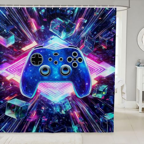 Rideau Douche 180x200cm Galaxy Gaming,Rideaux de Douche 3D Cube Gamer,Rideau de Baignoire Lumières de Néon Diamant,Rideaux Salle de Bain Consoles de Jeu Modernes - 180L X 200H cm (1 Panneaux) (1/5)