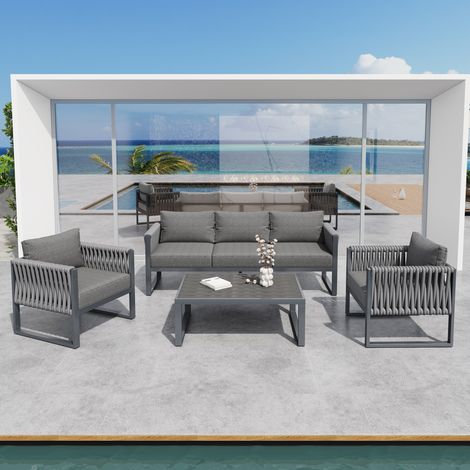 Salon de jardin 5 places 167x61x63 cm gris en métal avec corde tressée, coussins lavables et pieds réglables (1/5)