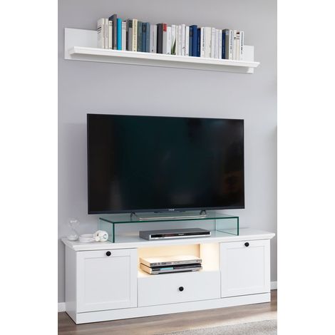 TV Lowboard mit Wandregal BERGAMA-19 Landhaus weiß mit Beleuchtung, B/H/T: ca. 139/196/41 cm (1/5)