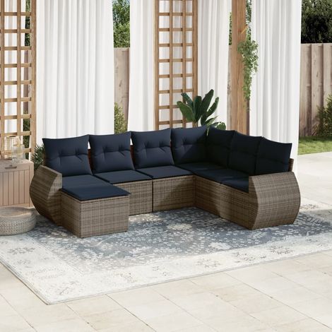 Salon de Jardin 8 Pcs Ensemble Canapé Modulaire Résine Tressée Grise Coussins Bleu Marine, 62.6kg - PANGIVO (1/5)