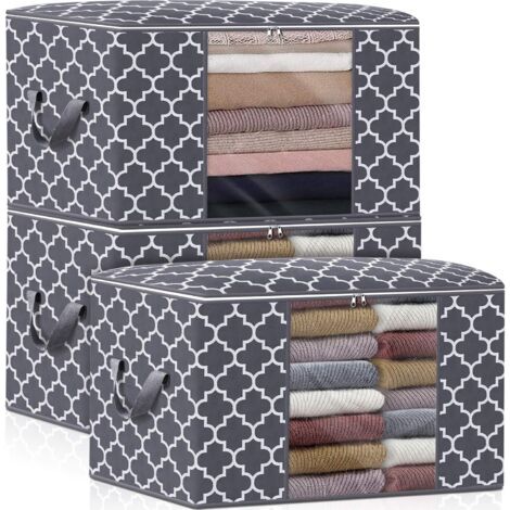 Lot de 3 grands sacs de rangement de 100 L pour couvertures, vêtements, literie, couettes, organiseur pliable avec poignée renforcée, fenêtre transparente, fermetures éclair robustes, gris (1/5)